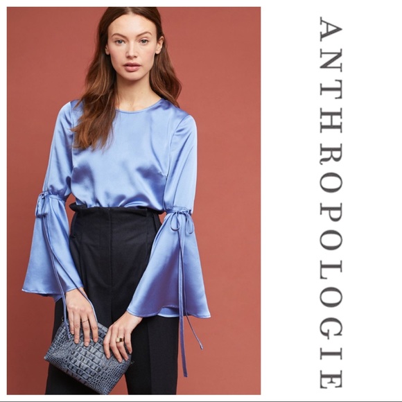 Anthropologie Tops - Anthro • Hutch Slate Bell Sleeved Satin Blouse